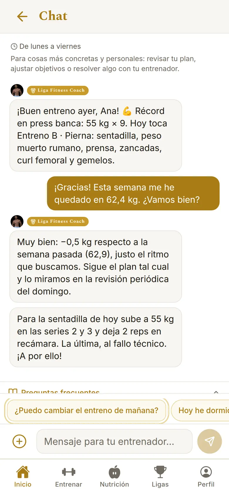 Chat con tu entrenador en la app de Liga Fitness