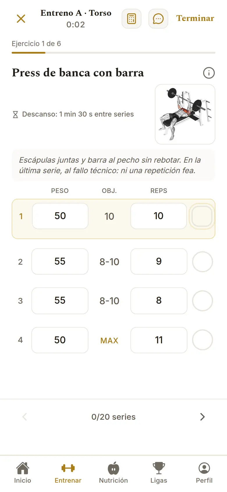 Entreno en la app: press de banca con su GIF, series, pesos y repeticiones