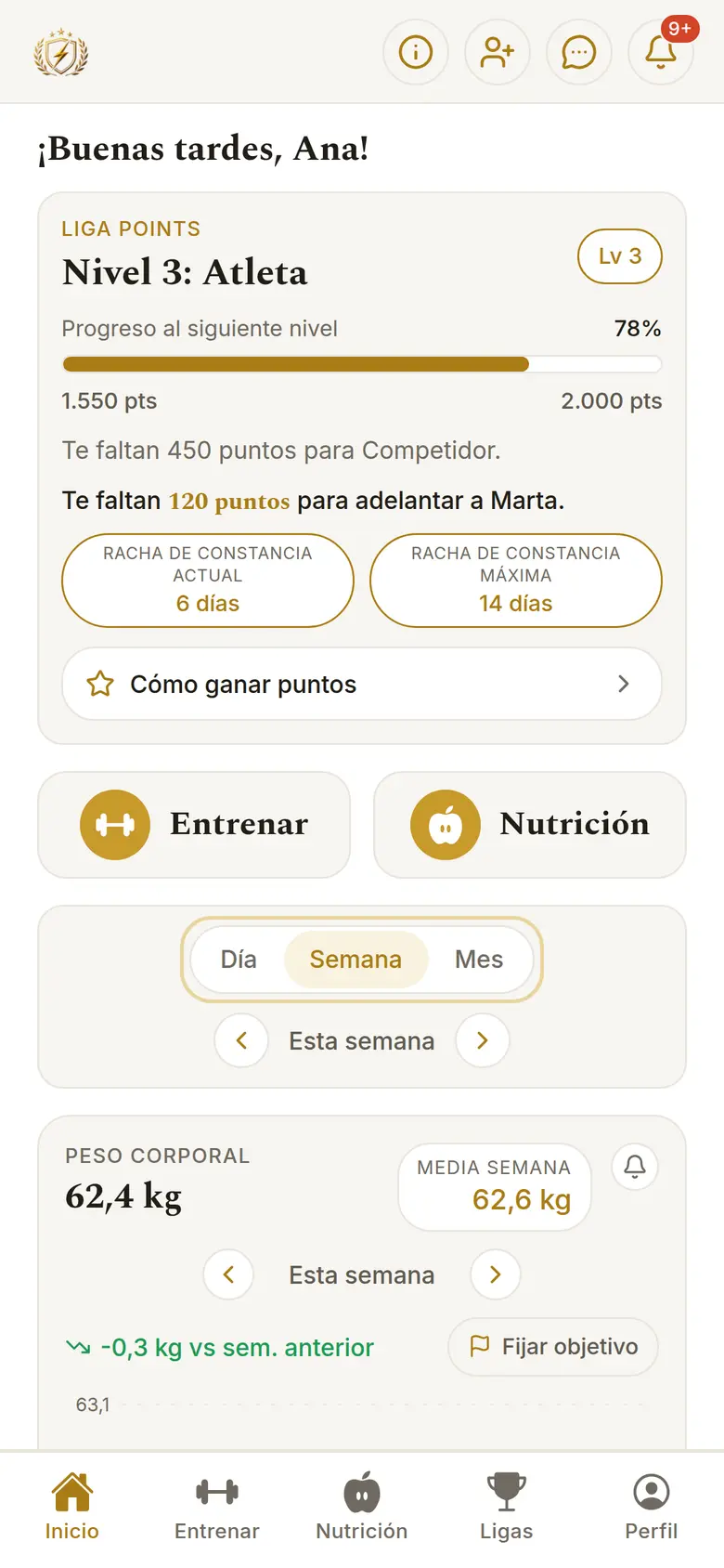 Inicio de la app: nivel, Liga Points y rachas de constancia