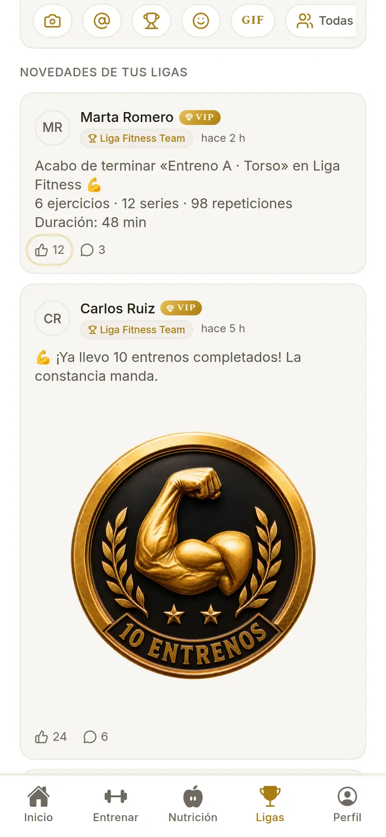 Muro de tus ligas en la app: entrenos compartidos, medallas, «me gusta» y comentarios