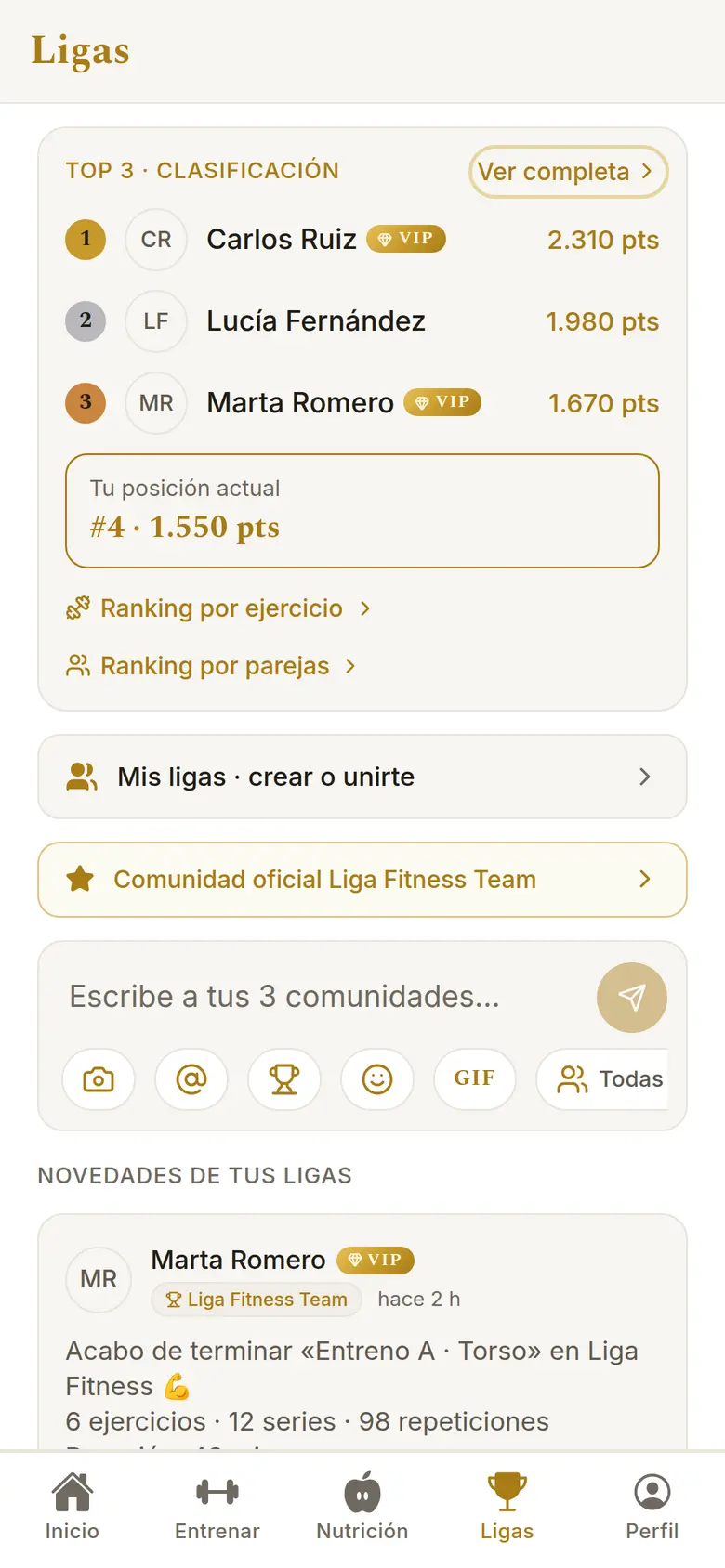 Ligas en la app: top 3 de la clasificación, tu posición y tus ligas