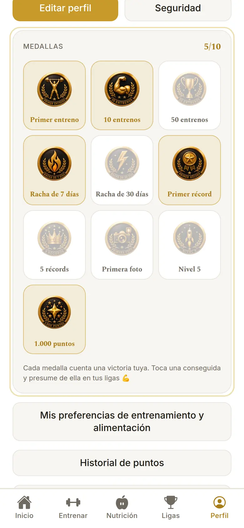 Perfil de la app: medallas conseguidas y por conseguir