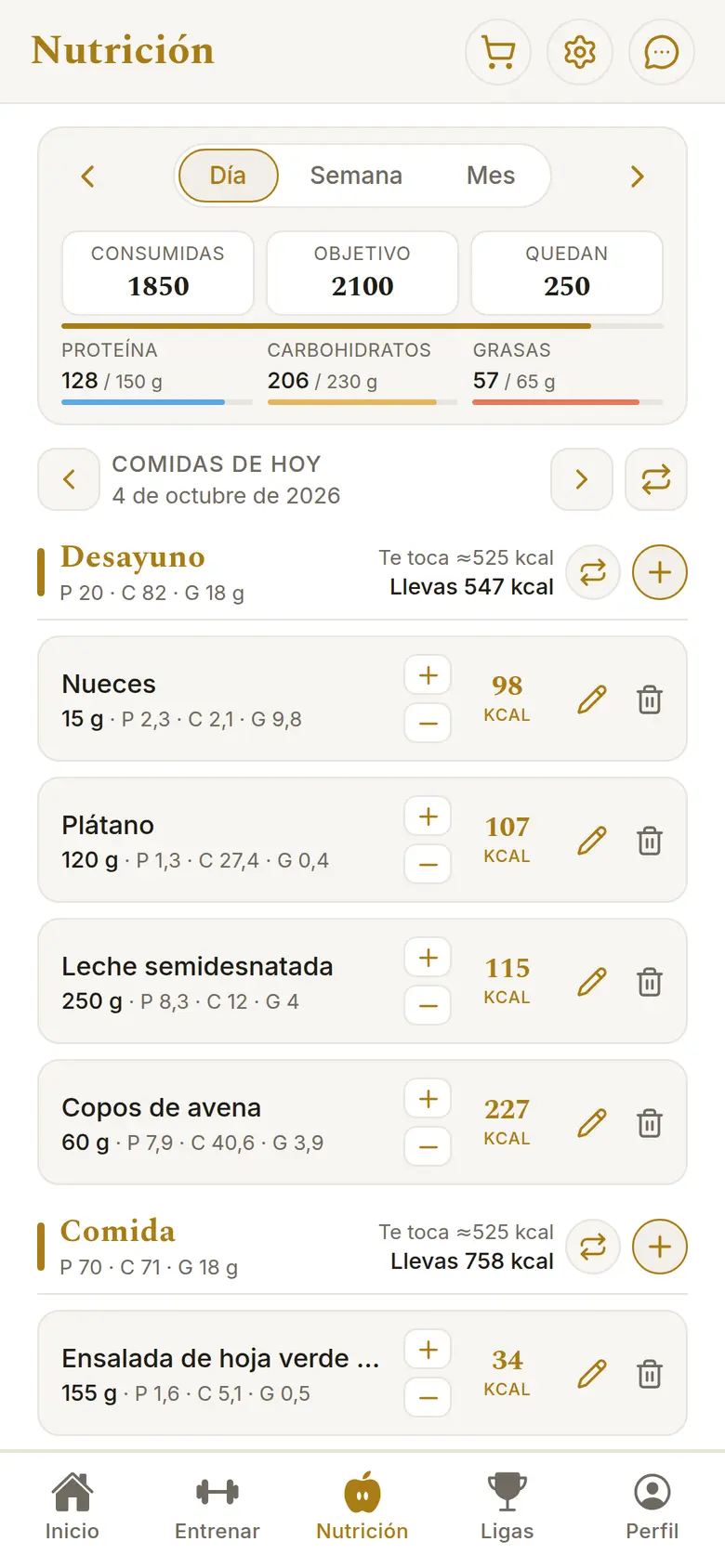 Nutrición en la app: calorías y macros del día