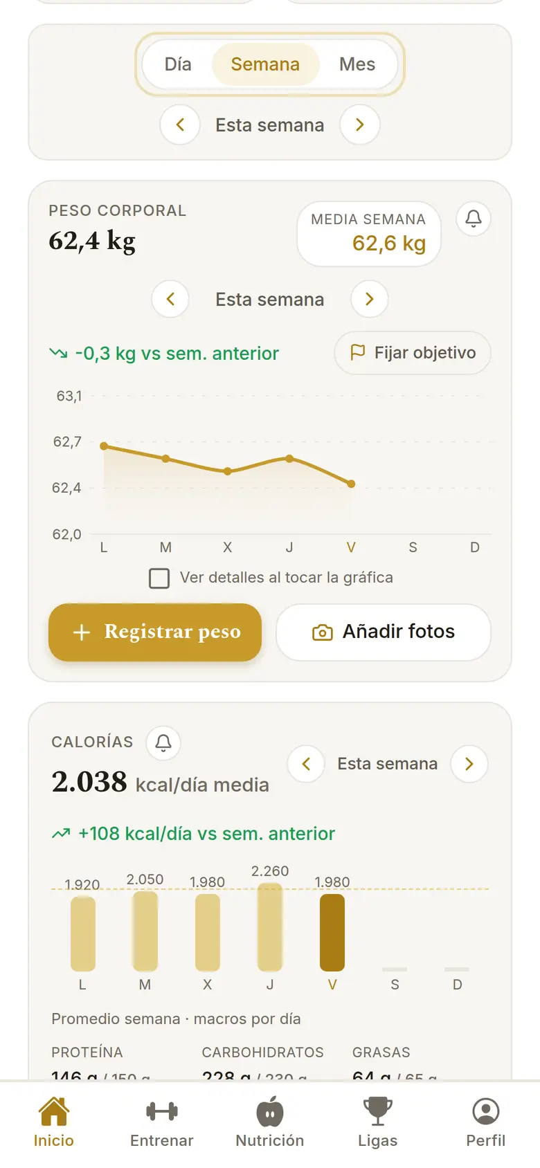 Inicio de la app: peso corporal con la tendencia de la semana
