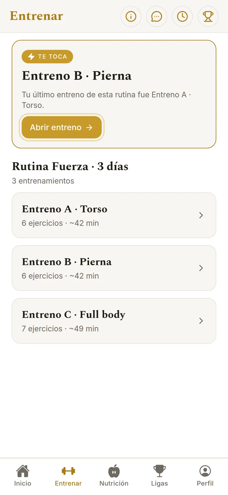 Pestaña Entrenar de la app: el entreno que te toca y tus rutinas