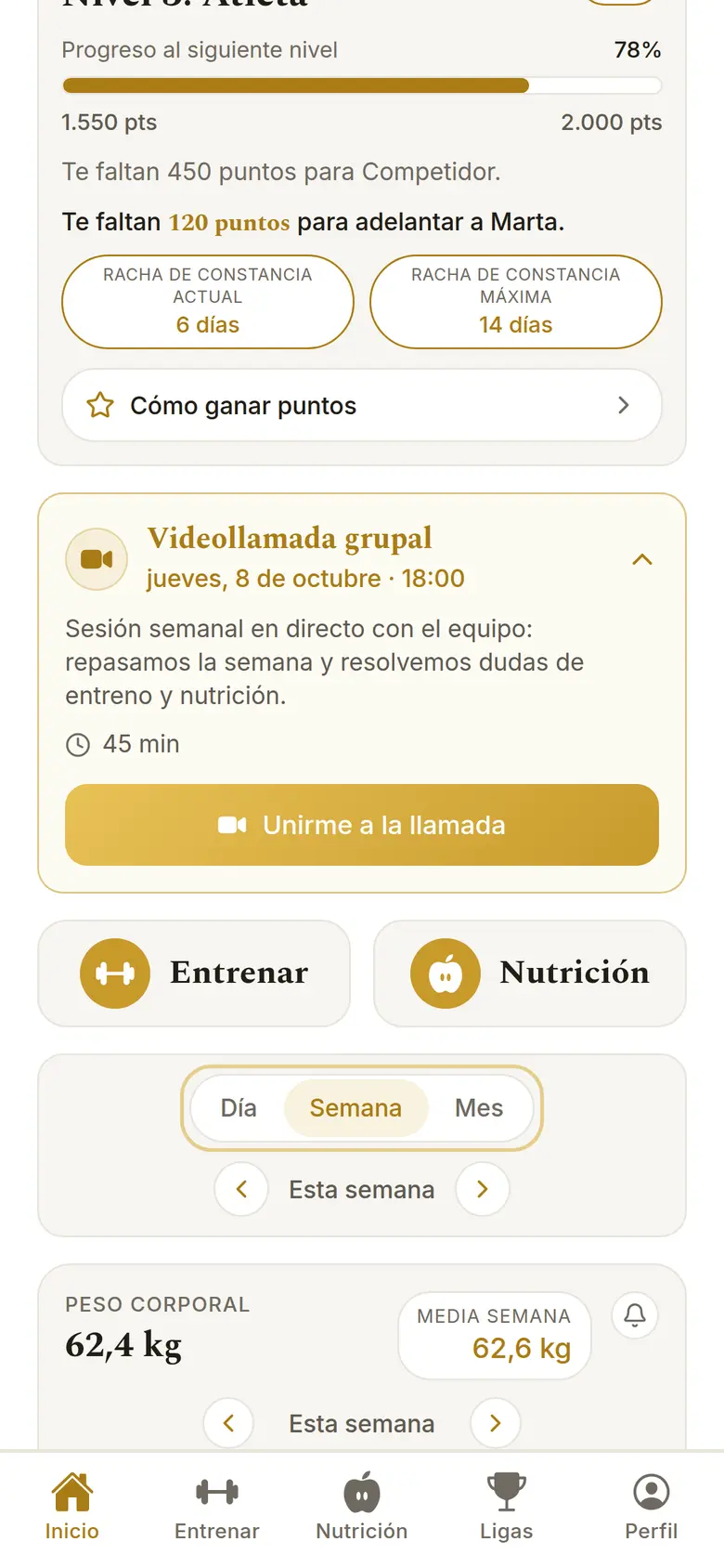 Inicio de la app con la tarjeta de la videollamada semanal y el botón «Unirme a la llamada»