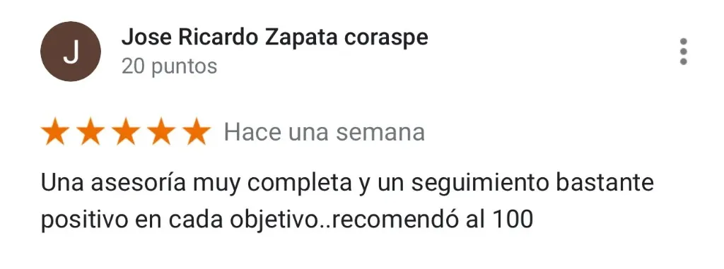 Captura de la reseña de Jose Ricardo Zapata coraspe en Google