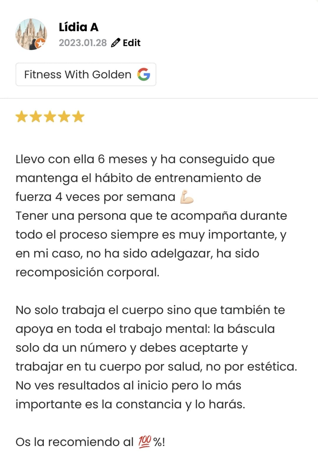 Captura de la reseña de Lídia A en Google