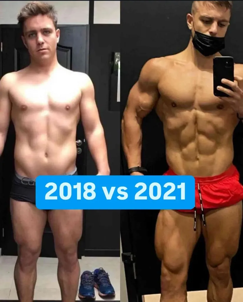 Transformación de tres años de un hombre hacia físico muy definido