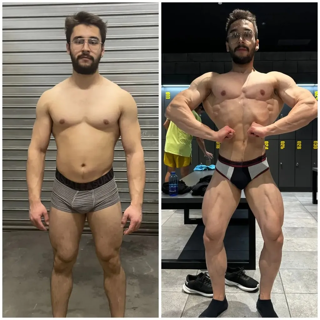 Transformación de un hombre con gafas hacia físico de competición